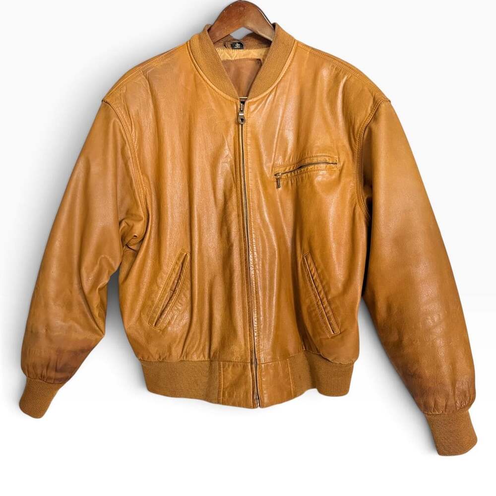 Vintage Mixed Blues Cognac Brown Leather Bomber Jacket Large
